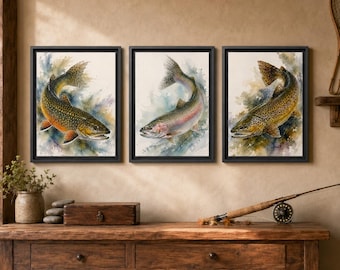 Trout Wall Art Framed Canvas | Brown Trout, Rainbow Trout or Brook Trout Watercolor | Fly Fishing Cabin Decor | Fisherman Gift for Dad
