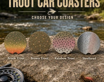 Trout Car Coasters for Men | Fly Fishing Gift for Fisherman | Rainbow Brown Brook Trout Steelhead Car Cup Holder Coasters