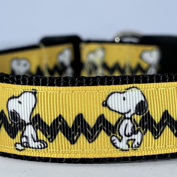 Dog Collar and Leash (sold separately) Snoopy on Charlie Brown Shirt, adjustable, sizes Mini-XL, Peanuts, Beagle.