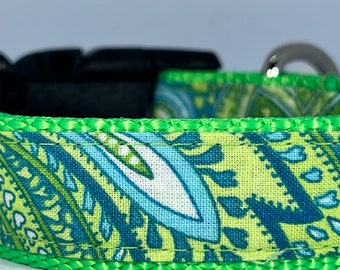 Dog Collar and Leash (sold separately) Green Paisley, adjustable, sizes Mini-XL.
