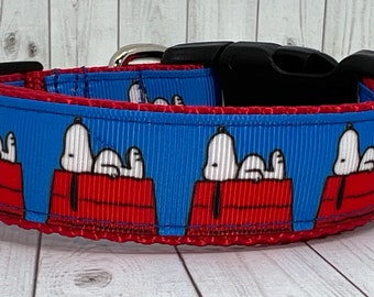 Dog Collar Snoopy On Doghouse. Blue. Adjustable. Sizes 1''width M-XL. Beagle. Peanuts..