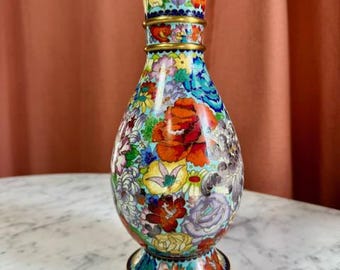 ヴィンテージ中国七宝花瓶: 花柄コバルトブルー真鍮花瓶、6.25インチ
