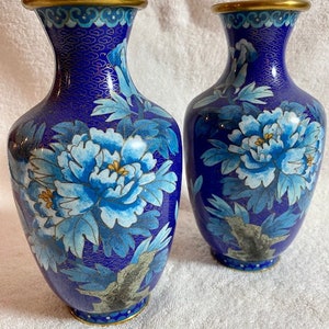 Blue Floral Cloisonne Vases - Pair of 8&quot; Vases