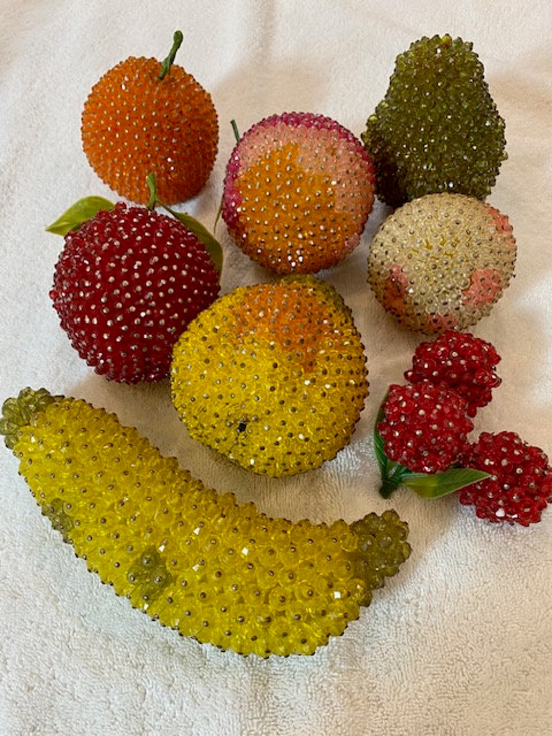 Mid Century Beaded Fruit , Handmade Push Pins and Beads. the Real Deal