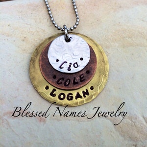 Personalized Mother’s Necklace, Hand Stamped, mixed metal custom mother&#39;s necklace, children’s names, grandmother jewelry