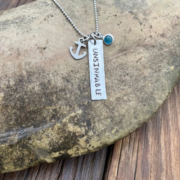 Unsinkable necklace, hand stamped, stainless steel, anchor charm, blue glass necklace, beach, anchor necklace