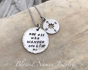 Not all who wander are lost necklace,  hand stamped, stainless steel, starfish, compass necklace, hiking, graduation, retirement gift