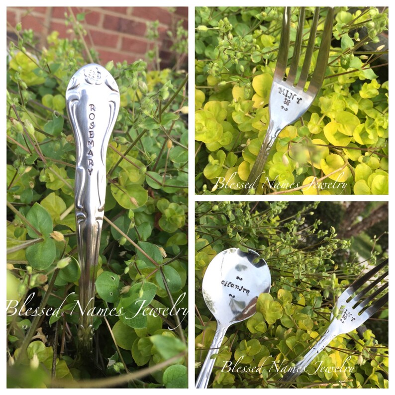 Silverware garden markers, herb garden markers, hand stamped stainless steel, silverware, custom spoon set of 3