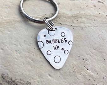 Guitar Pick Keychain - BUBBLES UP - Jimmy Buffett, guitar pick necklace, hand stamped stainless steel