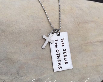 Love Jesus Love Others necklace, cross necklace, baptism gift, religious jewelry, hand stamped, stainless steel