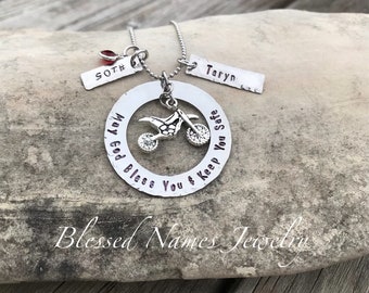 Motor-cross necklace, dirt bike jewelry, God wrap your arms around him, personalized necklace or keychain