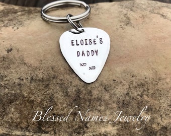 Guitar Pick Keychain, new dad gift, custom guitar pick, hand stamped stainless steel, musical dad gift