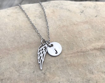 Angel wing necklace with personalized initial, In memory necklace, bereavement gift, monogram, baby wing necklace,  stainless steel