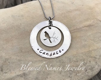 Cardinal necklace, personalized, stainless steel, monogram, red bird necklace, in memory gift, hand stamped