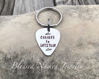 Guitar Pick Keychain, Jimmy Buffett, guitar pick necklace, hand stamped stainless steel, Changes in latitude