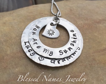 You are my sunshine necklace, hand stamped, stainless steel, mother, grandmother, custom necklace, sunshine jewelry, personalize sun