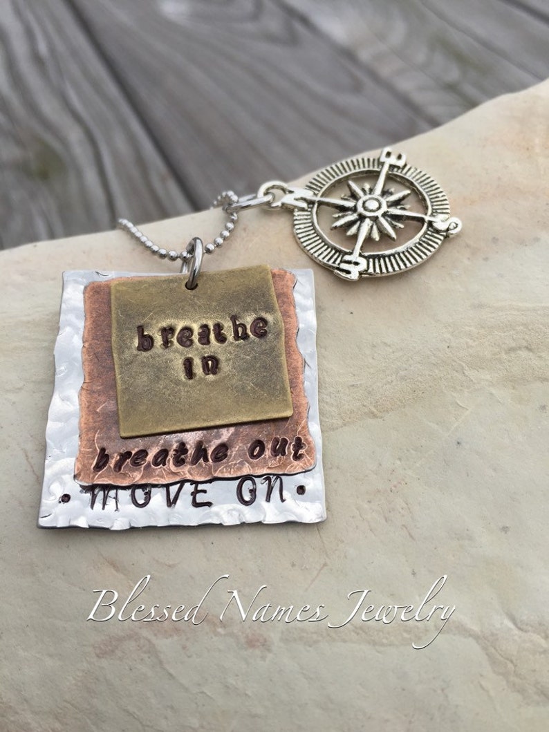 Hand Stamped Stainless Steel, Bronze and Copper Breathe In, Breathe Out, Move On necklace Jimmy Buffett image 2