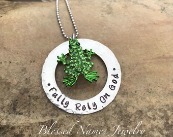 FROG necklace, Fully Rely On God, rhinestone frog charm, necklace, custom, monogram, personalized frog jewelry, hand stamped