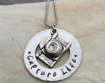 Capture Life necklace, camera necklace, photographer necklace, personalized photography jewelry, hand stamped