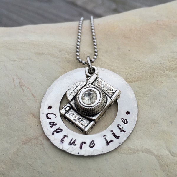 Capture Life necklace, camera necklace, photographer necklace, personalized photography jewelry, hand stamped