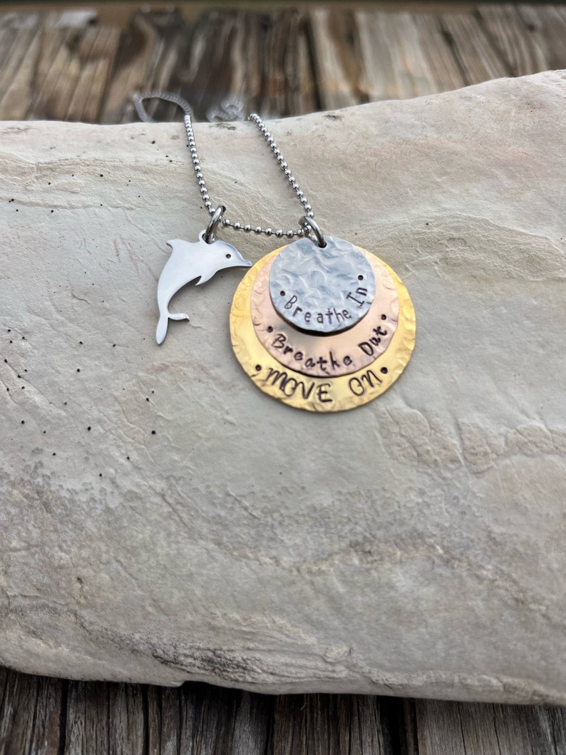 Hand Stamped Stainless Steel, Bronze and Copper Breathe In, Breathe Out, Move On necklace Jimmy Buffett image 10