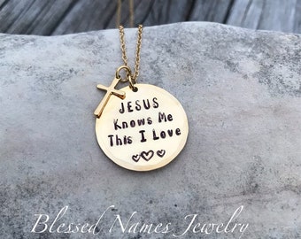 Jesus knows me this I love, Necklace, Jesus loves me this I know, hand stamped, stainless steel