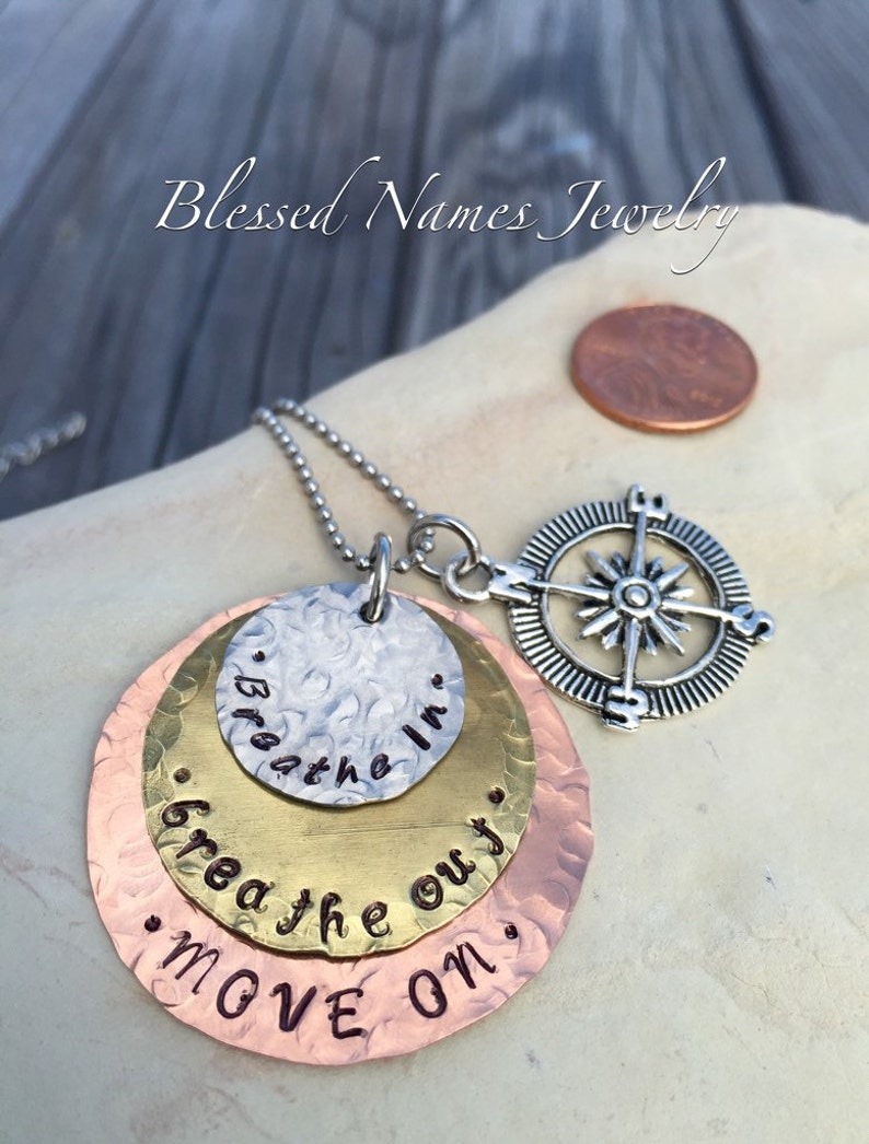 Hand Stamped Stainless Steel, Bronze and Copper Breathe In, Breathe Out, Move On necklace Jimmy Buffett image 4