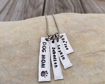 Hand stamped stainless steel Dog Mom, personalized, pet necklace, custom paw print necklace, pet mom, Cat Mom