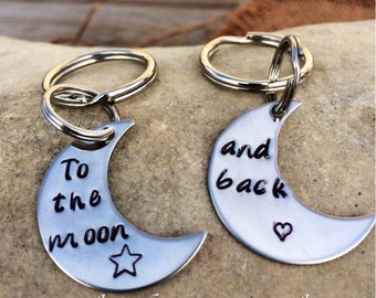 I Love You to the Moon and Back keychain set, couples keychain, mom child keychain sets, grandmother, mom, hand stamped, stainless steel