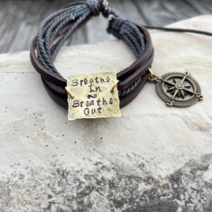 Hand Stamped Stainless Steel, Bronze and Copper Breathe In, Breathe Out, Move On necklace Jimmy Buffett brown bracelet