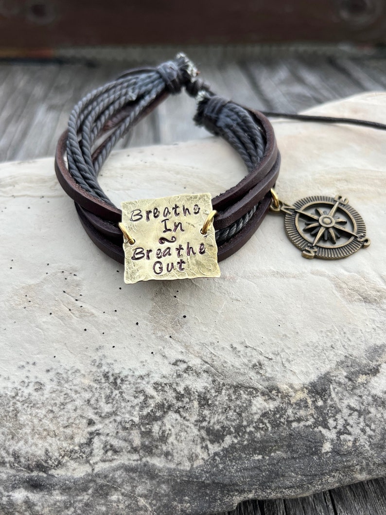 Hand Stamped Stainless Steel, Bronze and Copper Breathe In, Breathe Out, Move On necklace Jimmy Buffett brown bracelet