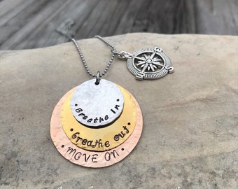 Hand Stamped Stainless Steel, Bronze and Copper Breathe In, Breathe Out, Move On necklace Jimmy Buffett