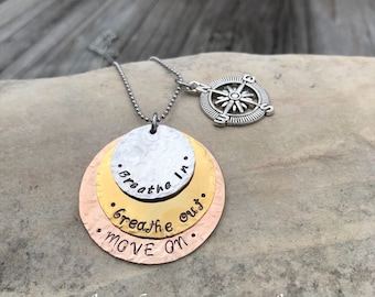Hand Stamped Stainless Steel, Bronze and Copper Breathe In, Breathe Out, Move On necklace Jimmy Buffett