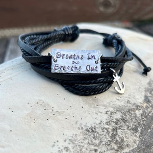 Hand Stamped Stainless Steel, Bronze and Copper Breathe In, Breathe Out, Move On necklace Jimmy Buffett black bracelet