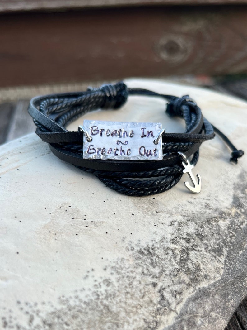 Hand Stamped Stainless Steel, Bronze and Copper Breathe In, Breathe Out, Move On necklace Jimmy Buffett black bracelet