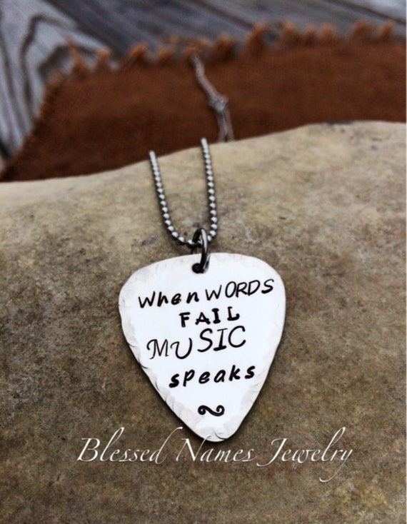 Hand Stamped Necklace Leather Guitar Pick Necklace Where Words Fail Music Speaks Guitar and Notes BFF Gift