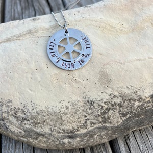 Jimmy Buffett necklace, Living and dying in 3/4 time, birthday gift, pirate, parrothead, three quarter time Ships wheel