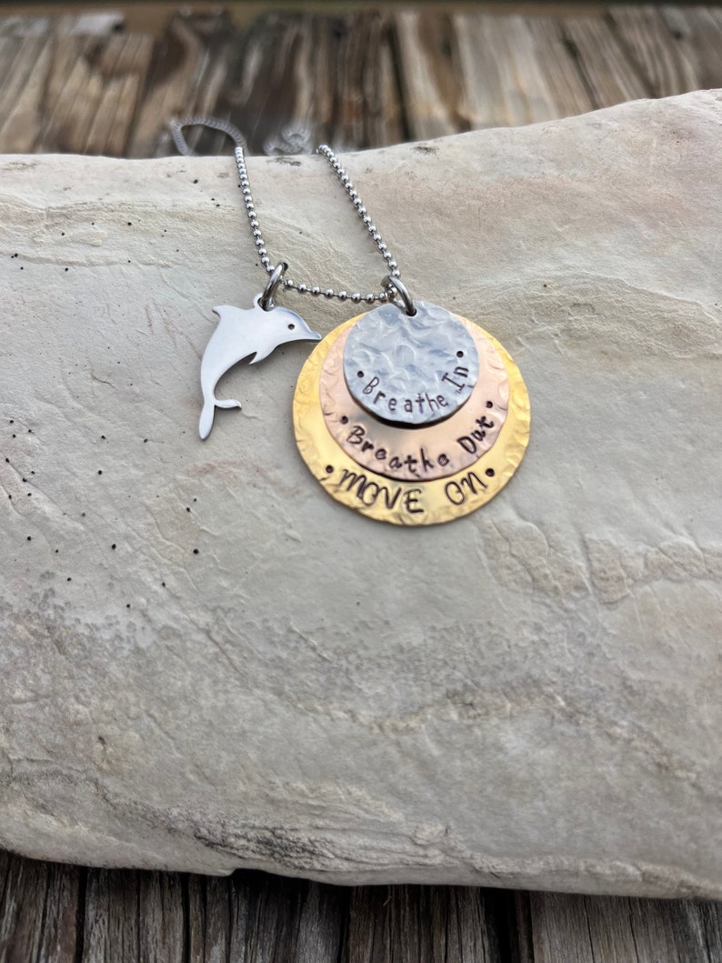 Hand Stamped Stainless Steel, Bronze and Copper Breathe In, Breathe Out, Move On necklace Jimmy Buffett image 5