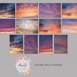 Può includere: Una collezione di 12 sovrapposizioni digitali di cielo al tramonto. Le immagini presentano una varietà di colori, tra cui rosa, arancione, viola e blu. Le nuvole sono soffici e vaporose, creando un'atmosfera da sogno e romantica. Queste sovrapposizioni sono perfette per aggiungere un tocco di magia alle tue foto.