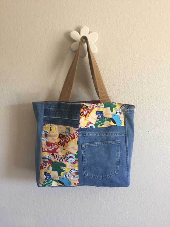 Handcrafted Recycled Travel Print Jean Tote Bag Medium Etsy Canada