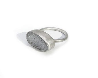 Simple White Druzy Ring in Sterling Silver – Handcrafted, Oxidized Finish, Size 8