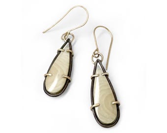 Imperial green jasper 14k yellow gold prong set dangle earrings. Handcrafted. Natural gemstone.