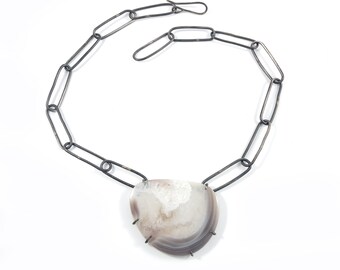 One-of-a-Kind agate pendant necklace with handmade sterling silver paperclip chain