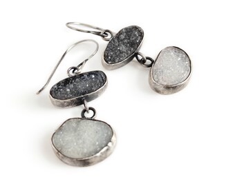 One-of-a-kind black and white druzy double bezel drop earrings. Womens jewelry. Handmade.