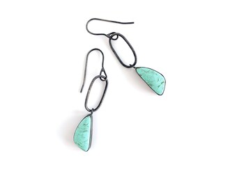 Handmade Kingman Turquoise Drop Earrings: Sterling Silver Bezel Set