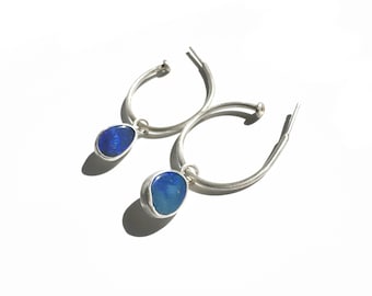 One-of-a-kind sterling silver hoops with removable vibrant blue opal drops | Handmade, versatile and unique