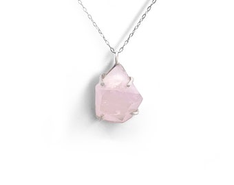 Minimalist Rose Quartz Pendant Necklace: Prong Set, Soft Pink Stone