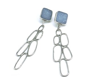 Sparkly Blue Druzy Dangle Earrings: Oxidized Sterling Silver, Handmade