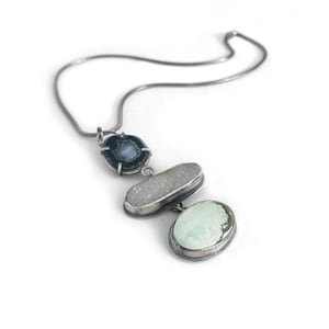 Triple pendant necklace with poseidon variscite, druzy & black baby geode | Handmade sterling silver jewelry