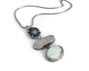 Triple pendant necklace with poseidon variscite, druzy & black baby geode | Handmade sterling silver jewelry